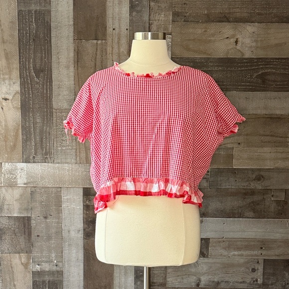 Handmade red gingham plaid ruffle trim top large festival boho garden party - Picture 10 of 10